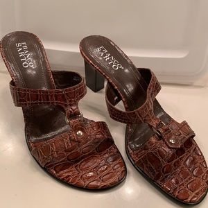 Brown croc embossed sandals.
